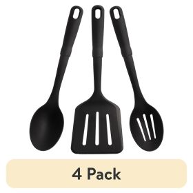 3-Piece Kitchen Utensil Set, Slotted Spatula, Slotted Spoon and Solid Spoon, Black, Nylon