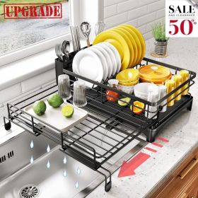 Expandable Dish Drying Rack, Large Dish Rack for Kitchen Counter, Stainless Steel Dish Drainer with Drainboard