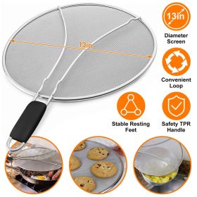 Grease Splatter Screen 13in Stainless Steel Fine Mesh Splash Mesh Shield Hot Oil Stopper w/ Resting Feet For Frying Pan Cooking Woks Skillets Pot