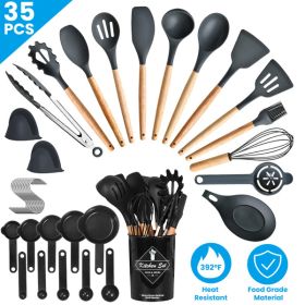 35Pcs Kitchen Cooking Utensils Set Spatula Set Baking Utensil Set Kitchen Accessories Necessities with Holder Egg Whisk Separator Tong Turner Spo (Color: as picture)