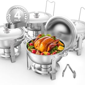 5 Qt 4 Pack Round Chafing Dish Buffet Set Full-Size Pan Stainless Steel Silver (Set: 4 Pcs, Style: Silvery)